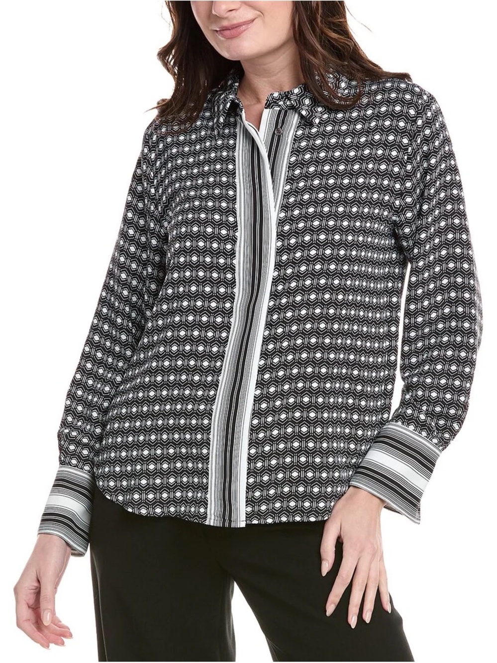 Vince Camuto Black & White Geo Stripe Button-Up Blouse XL